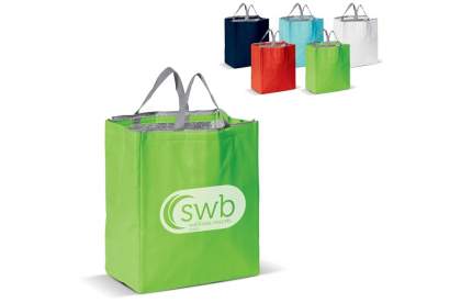 Non-woven large cool bag with zipper and a firm handle. A large print area.