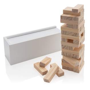 How high can you go? See how high you can stack the wooden blocks before they tumble with this fun tumbling tower game. The 48 blocks can be easily put away in the box lid. Comes in full colour box.