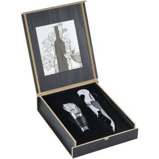 Two piece set includes waitress corkscrew and a bottle pourer/stopper combination presented in a wooden gift box with logo plate. Exclusive design.