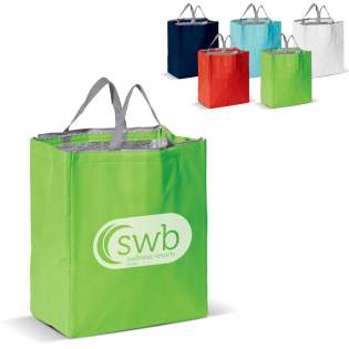 Große Kühltasche aus Non-Woven mit Reißverschluss und festem Griff und einer großen Druckfläche.
