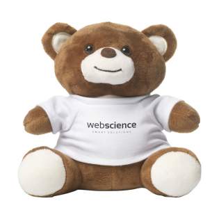 Donkerbruine, superzachte knuffelbeer met kraalogen, verharde neus en wit T-shirt. Zonder opdruk worden de beren en T-shirts los geleverd.