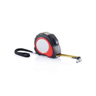 Measuring tape, red ABS case with black rubber grip, black belt clip, black stop button, black end hook with 2 strong magnets, yellow tape, matt silver PVC sticker at case.<br /><br />TapeLengthMeters: 5.00