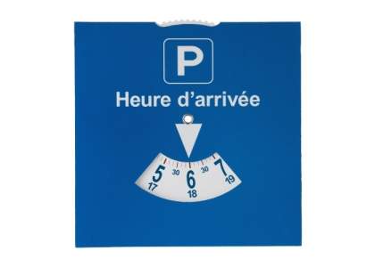 A paper parking disc which complies with the laws of France. There is a big print area on the back of the parking disc.