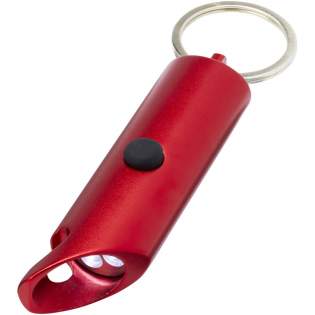 Bright LED keylight with bottle opener, power on/off button and a split iron keyring. It is made of lightweight and strong 63% RCS certified recycled aluminium. The Recycled Claim Standard (RCS) verifies the recycled content of a product throughout the entire supply chain. Available in a variety of striking colours with a metallic finish, making a printed logo stand out nicely. Comes with three LR44 batteries.