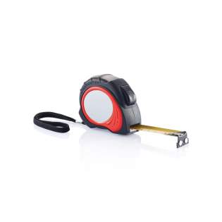 Measuring tape, red ABS case with black rubber grip, black belt clip, black stop button, black end hook with 2 strong magnets, yellow tape, matt silver PVC sticker at case.<br /><br />TapeLengthMeters: 8.00