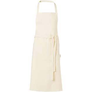 Sustainable apron made of 200 g/m² GOTS certified organic cotton. Features 2 adjacent pockets with a combined size of 45 x 20 cm, and a 1 metre tie back closure. Length of the neck strap: 55 cm.