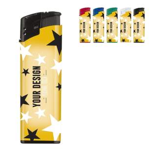 Elektronische aansteker voorzien van custom-made full-colour labelling. Navulbaar en kindveilig. Verkrijgbaar vanaf 5.000 stuks. Elektronische aansteker voorzien van custom-made full-colour labelling. Navulbaar en kindveilig. Verkrijgbaar vanaf 5.000 stuks.