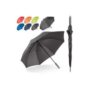 Großer Regenschirm mit winddichtem Fiberglasgestell. Der pfiffige Farbeffekt zwischen der Pongee-Polyesterkappe und dem ergonomischen Griff verleiht dem Schirm einen zeitlosen Look. Damit ist er für jeden geeignet.