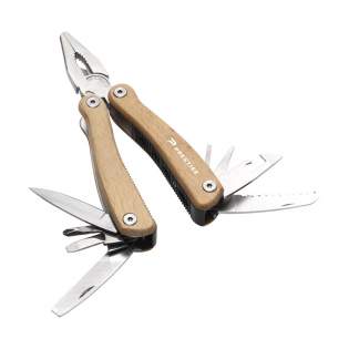 Compact stainless steel multi tool with beechwood handle. 9-pieces with 11 functions: pliers, knife, file, Phillips screwdriver, 2 screwdrivers, wire cutter, awl, can opener, bottle opener and a saw. In a case with belt loop. Please note local rules may apply regarding the possession and/or carrying of knives or multitools in public. Each item is individually boxed.