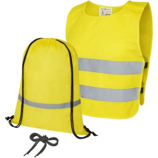Complete safety and visibility set for children aged 7 to 12 years. This back-to-school giveaway set contains a reflective drawstring backpack, safety vest, and a set of reflective shoelaces. The reflective backpack has a large compartment with drawstring closure and is tested and certified under regulation EN 1150:1999. The high visibility vest in XS size is suitable for children aged 7-12 years with a height between 104-121 cm. Large decoration area on the front and on the back of the vest. On the shoulder and the bottom elastic bands there are hook & loop closures, that offers extra safety and makes the vest easy to put on. The elastic bands on the other side makes it stretchable allowing for easy wearing on thick coats. The vest is tested and certified under regulation EN 1150:1999. It also adheres to the PPE guidelines on application of Regulation (EU) 2016/425 Personal Protective Equipment Category II. The reflective shoelaces are 80 cm long with sturdy ends on both sides for easy placing into any shoe.
