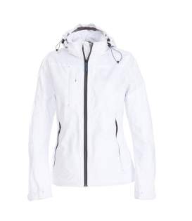 Sportieve hardshell jas voor dames in een moderne look en met verschillende praktische zakken. Tweekleurige ritssluiting vooraan en decoratieve stiksels. zipper pullers in contrasterende kleur. Deze kunnen indien gewenst vervangen worden door één van de andere beschikbare kleuren.