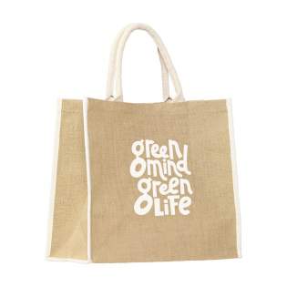 WoW! Generously sized jute shopping bag with laminated interior and short handles. Made from hard-wearing woven cotton. Capacity approx. 25 litres. For information: due to the coarseness of the fabric, the ability to imprint small details of a logo, thin lines and small letters is limited. We may therefore, after receiving your logo, advise you to adjust or enlarge the logo.