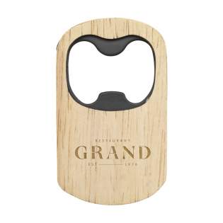 Handy bottle opener with handle made of sustainable beech wood and an opener made of black lacquered stainless steel. Very suitable for sending as a mailbox gift.
