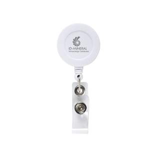 Badgehalter mit metallenem Befestigungsclip, aufrollbarem Nylonband und Badgeclip mit Druckknopf. Badgehalter mit metallenem Befestigungsclip, aufrollbarem Nylonband und Badgeclip mit Druckknopf.