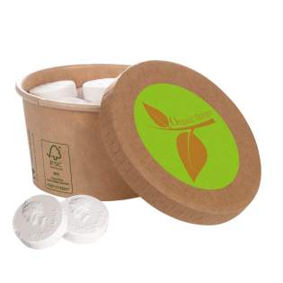 Unbleached carton cup, filled with approx. 130 gram Wilhelmina mints and a full colour sticker on the lid