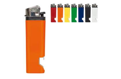 Disposable lighter with bottle opener. Child-resistant.