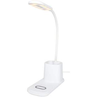Desk lamp with an integrated wireless charger and pencil holder. The lamp has 3 lightning settings (warm/cold/medium) and can be adjusted in height. The charger has 10W wireless output and is compatible with all Qi devices (iPhone 8 or above and Android devices that supports wireless charging).