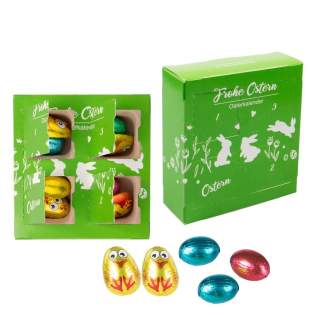 4 Boxen Oster-Countdown-Kalender, 4c-Euroskala bedruckt, mit 28 g cremigen Schokoladenostereiern und 30 g goldener Kükenmilchschokolade 4 Boxen Oster-Countdown-Kalender, 4c-Euroskala bedruckt, mit 28 g cremigen Schokoladenostereiern und 30 g goldener Kükenmilchschokolade