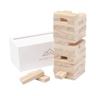 Jeu d'empilement en bois (48 blocs). Dimensions de la tour : 16,5 x 6 x 6 cm. Les blocs de ce jeu de société sont faciles à ranger dans la boîte en bois blanche et l' ouverture coulissante. Inclus : règles du jeu. Chaque article est fourni dans une boite individuelle en papier kraft marron.