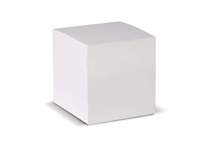Kubusblok met wit papier. Circa 730 houtvrije vellen van 90g/m². Enkelbladsbedrukking mogelijk. Wordt per stuk geseald.