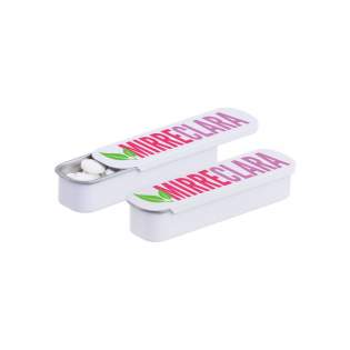 Long slidy tin white filled with approx. 11 gram sugar free mini mints, including ingredients sticker and seal