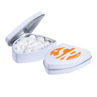 Shield tin white filled with approx. 26 gram sugar free mints, including ingredients sticker and seal