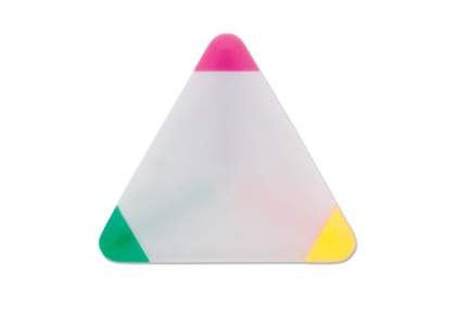 Triangle highlighter with three writing colours. Large printing surface on both sides. Ideal for digital printing in full-colour.