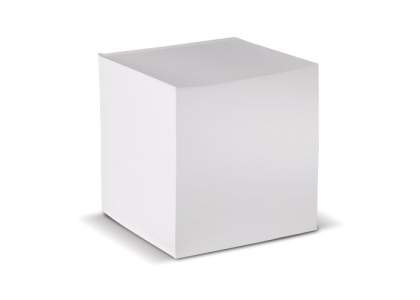 Kubusblok met wit papier. Circa 840 houtvrije vellen van 90g/m². Enkelbladsbedrukking mogelijk. Wordt per stuk geseald.