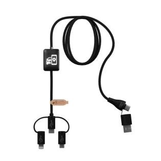 5-in-1 data transfer charging cable with rubber and metal finish and double light-up logo. This cable is made from 100% recycled ABS plastic and rPET from recycled bottles, making it a more sustainable choice. Compatible with Apple CarPlay and Android Auto. Thanks to its dual USB-A + USB-C output, the cable is compatible with the latest computers on the market (USB-C). Delivered in a biodegradable TPU pouch and a paper card. Cable length: 1 metre.