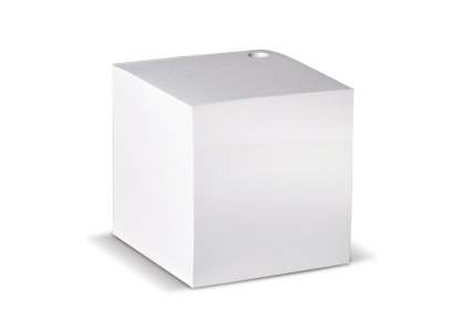 Cube with white paper and a hole for a pen. Printing is possible on each individual sheet. Circa 840 wood-free sheets.