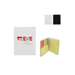 Klein notitieboekje met 100 zelfklevende grote memoblaadjes (100x75mm), 25 kleine zelfklevende memoblaadjes (50x75mm) en vijf 25 kleurige opmerkingenblaadjes. Groot drukoppervlak op de voor- en achterzijde.