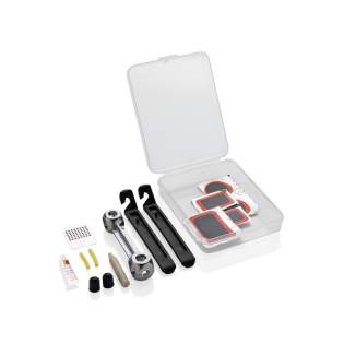 Compact easy to carry bike repair kit easy to carry in a PP box. The set includes 1 aluminum alloy wrench, 2 tyre levers, 1 glue, 2 valve caps, 2 valve tubes, 1 grater, 5 repair patches. Compact easy to carry bike repair kit easy to carry in a PP box. The set includes 1 aluminum alloy wrench, 2 tyre levers, 1 glue, 2 valve caps, 2 valve tubes, 1 grater, 5 repair patches.