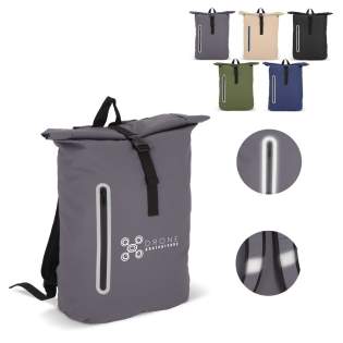 This roll-top backpack is made from PU-coated, recycled PET in 600D material. It features reflective strips on the shoulder straps and around the front zippered compartment, enhancing safety during dark commutes. Includes a grab handle, adjustable pa...
