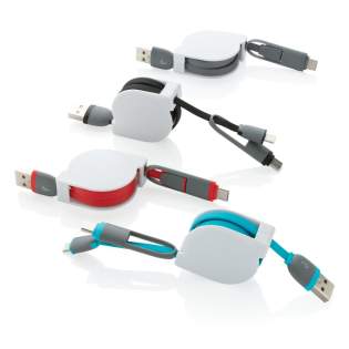 Compacte en oprolbare 3-in-1 oplaadkabel met type C en dubbelzijdige connector voor iOS- en Android-apparaten die micro-USB vereisen. Dankzij het rolmechanisme kan de 100 cm lange platte kabel gemakkelijk worden meegenomen zonder dat deze in de knoop...