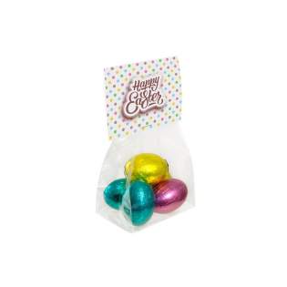 Small transparant bag with full colour printed header card, filled with 5 chocolade Easter eggs