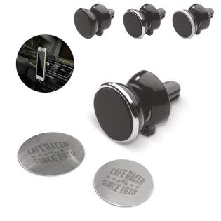 Magnetischer Handyhalter aus zwei Teilen: eine Metallplatte mit Aufkleber zum Anbringen auf der Rückseite des Handys und einem magnetischen Halter für das Lüftungsgitter im Auto. Nutzen Sie die Lüftung als Handyhalter. Magnetischer Handyhalter aus zwei Teilen: eine Metallplatte mit Aufkleber zum Anbringen auf der Rückseite des Handys und einem magnetischen Halter für das Lüftungsgitter im Auto. Nutzen Sie die Lüftung als Handyhalter.
