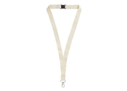 Lanyard of certified organic cotton with a metal clip and safety connection.