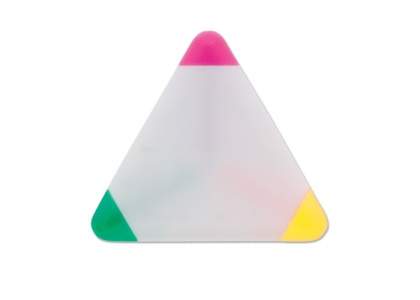 Triangle highlighter with three writing colours. Large printing surface on both sides. Ideal for digital printing in full-colour.