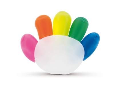Toppoint design highlighter in the shape of a hand with five writing colours. Full-colour digital imprint is possible.
