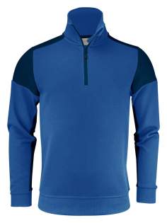 Bicolor sweatshirt met contrasterende, korte ritssluiting. Contrasterend neklint. 2x2 rib met elastaan aan de boord onderaan en aan de manchetten. Uitscheurbaar neklabel en afzonderlijk geweven maatlabel. Aan de binnenzijde van de linkerzijnaad werd een zakje voorzien voor het innaaien van een waschip. Oeko-Tex 100 gecertificeerd.