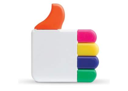 Toppoint design markeerstift in de vorm van de welbekende 'like'knop. De vingers zijn verschillende kleuren markeerstiften en kunnen stuk voor stuk uit de hand worden gehaald.