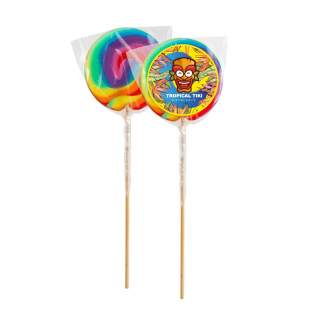 Lollipop in rainbow colours, with full-colour sticker on 1 side