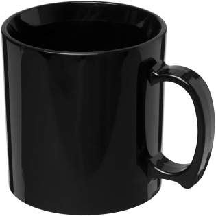 Durable, single-wall plastic mug. Volume capacity is 300 ml. Made in the UK.