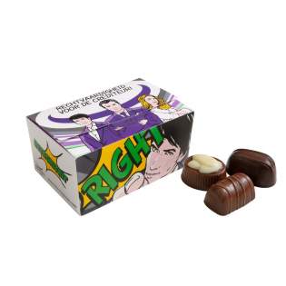 Ballotin doosje voorzien van een all-over full colour bedrukking en gevuld met 10 heerlijke Belgische chocolade bonbons