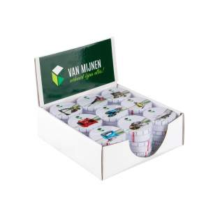 Display doos met een full colour sticker op de topkaart en gevuld met 27 full colour bedrukte click clac blikjes met ca. 12 gr. pepermunt.