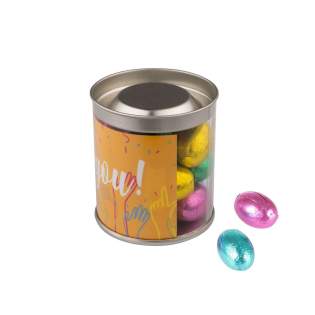 Transparente Dose mit 4c-euroskala bedrucktem Inlay, gefüllt mit ca. 110 Gramm cremigen Ostereiern in verschiedenen Farben Transparente Dose mit 4c-euroskala bedrucktem Inlay, gefüllt mit ca. 110 Gramm cremigen Ostereiern in verschiedenen Farben