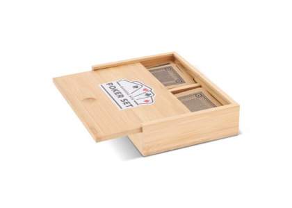 A bamboo box with 2 sets of playing cards. With this set, you'll always be ready for game night.