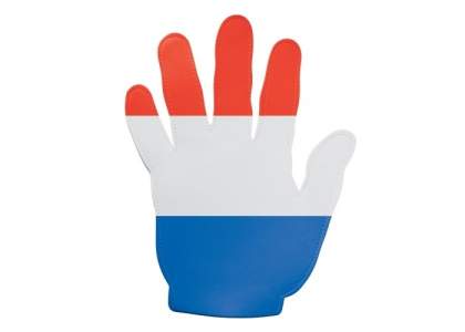 Große Eventhand in den holländischen Nationalfarben. Die außergewöhnliche Größe der Hand sorgt dafür, dass sie überall auffällt und sie verfügt über einen großen Druckbereich.