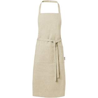 Apron made of 200 g/m² recycled cotton polyester blend. Features 2 adjacent pockets with a combined size of 45 x 20 cm, and a 1 metre tie back closure. Recycled cotton is manufactured from pre-consumer waste generated by textile factories during the cutting process. Due to the nature of recycled cotton, there may be a very slight colour variation. This feature distinctly adds to a more authentic appearance. Length of the neck strap: 55 cm.