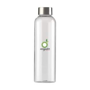 Transparente, BPA-freie Wasserflasche aus PCTG SK Kunststoff. Mit Schraubverschluss aus Edelstahl. Das schlanke Design fällt sofort ins Auge und liegt besonders bequem in der Hand. Auslaufsicher. Fassungsvermögen: 650 ml.
